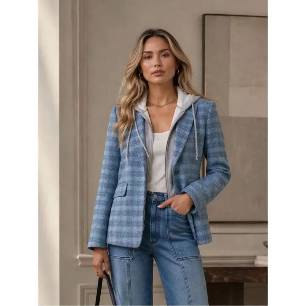 Elan Blue Plaid Long-Sleeve Layered Blazer Hoodie